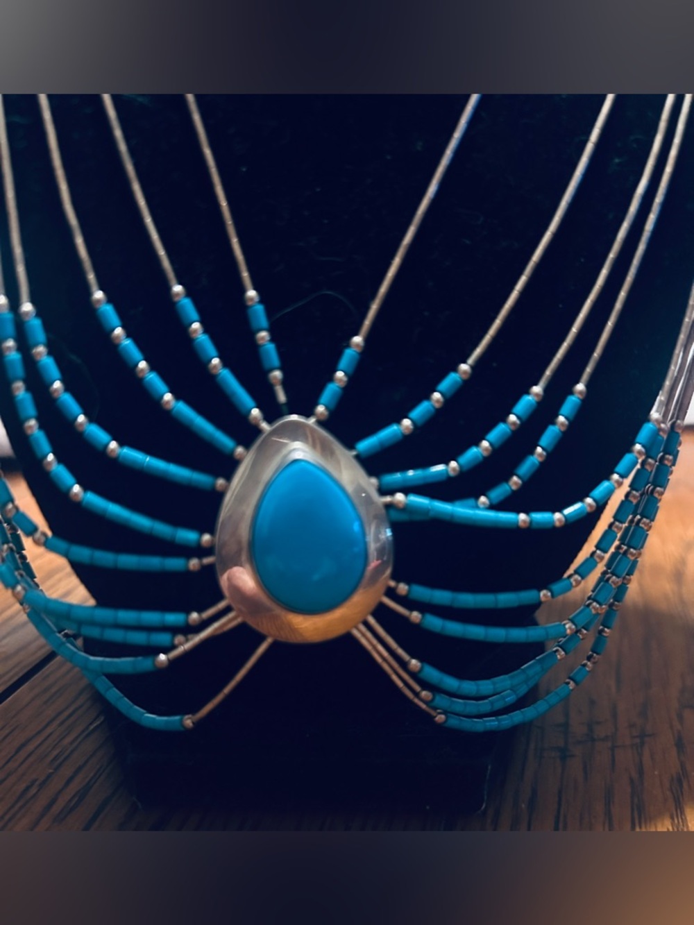 Liquid Silver Turquoise 10 Strand ZUNI or NAVAJO Necklace Artist Signed S E Ster - Picture 6 of 9